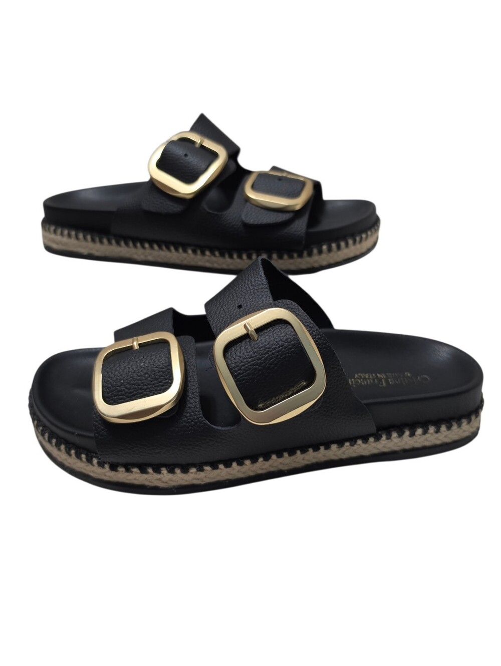 Cristina Francini Leather Women Double Adjustable Buckle Strap Black Sandals 6.5